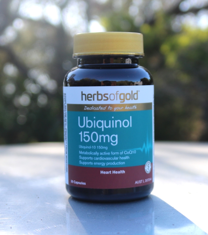 "Front label of Herbs of Gold Ubiquinol 150mg 30 capsules – antioxidant and heart health supplement Ubiquinol 150mg Heart Health 30 Capsules available at https://doitfitness.com.au/ "