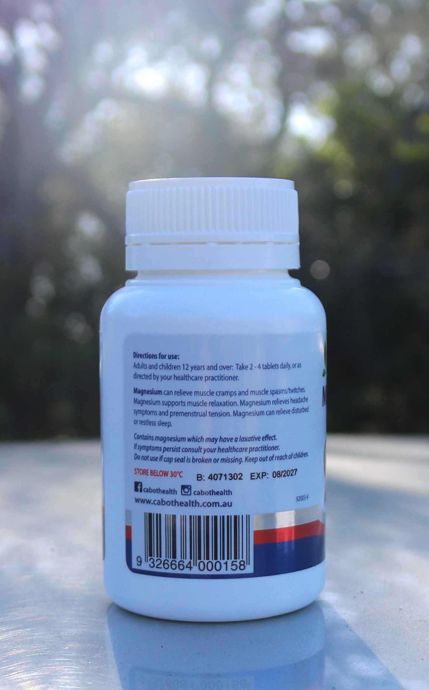 "Plastic bottle labeled 'Magnesium Tablets' with a white cap" "Supplement bottle containing magnesium tablets, 100 mg "White bottle of dietary magnesium supplements with blue and green label"